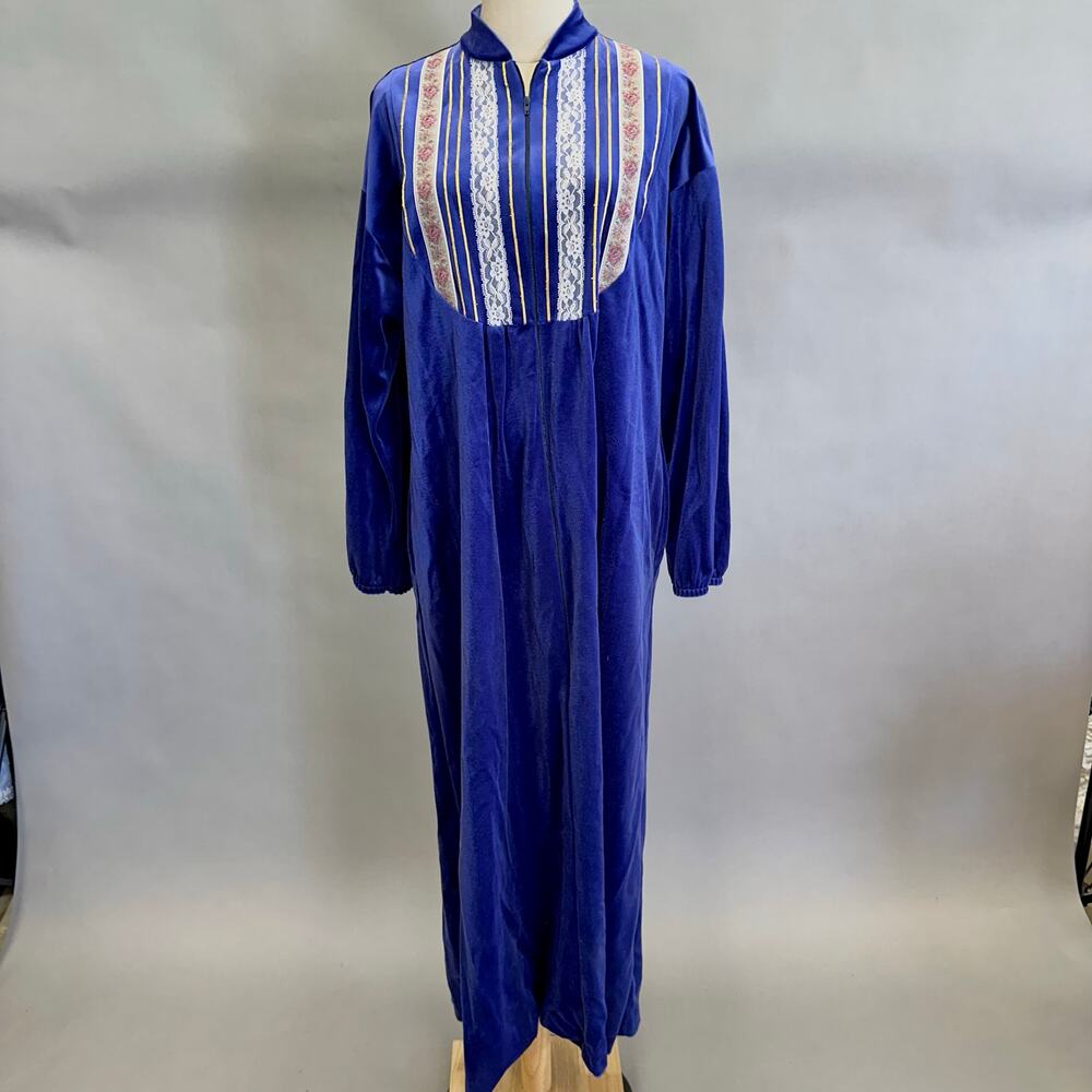 Vintage 70s at HomeWear by Sears blue velvet long house coat size Medium 12-14